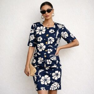 Vintage 90s Escada by Margaretha Ley Navy Floral Tropical Dolphin Skirt Suit Set